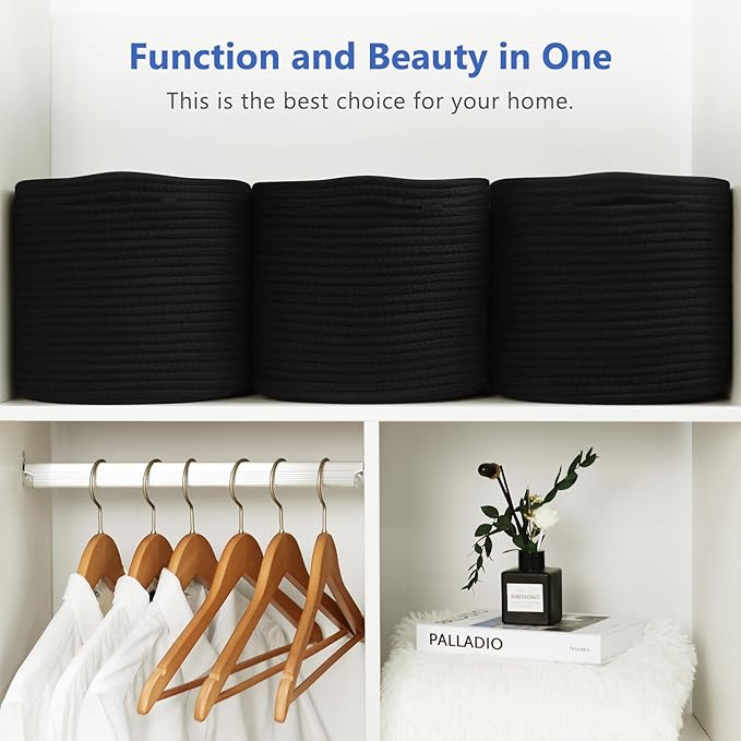 Cotton Rope Storage Basket, 15x10x9 Inches, Woven Basket for Shelves, Clothes, Toys, Towels, Books, and Laundry, Durable and Stylish, Black (2 Pack)-NeatNest
