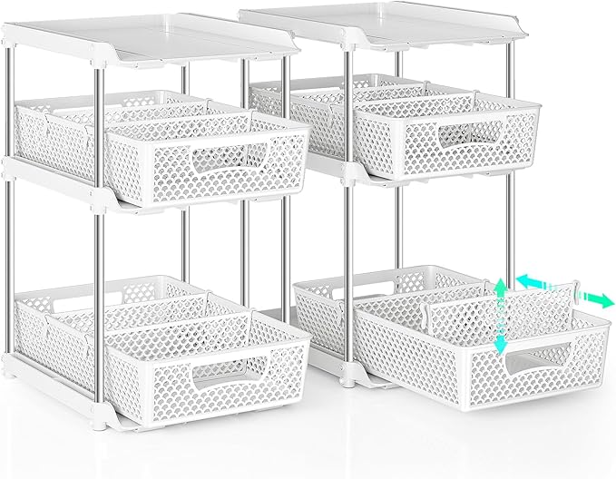 2Pcs 3 Tier Bathroom Organizers, WIDER BOLDER Pull Out Under Sink Organizer with Dividers, Kitchen and Bathroom Storage Cabinet - White-NeatNest