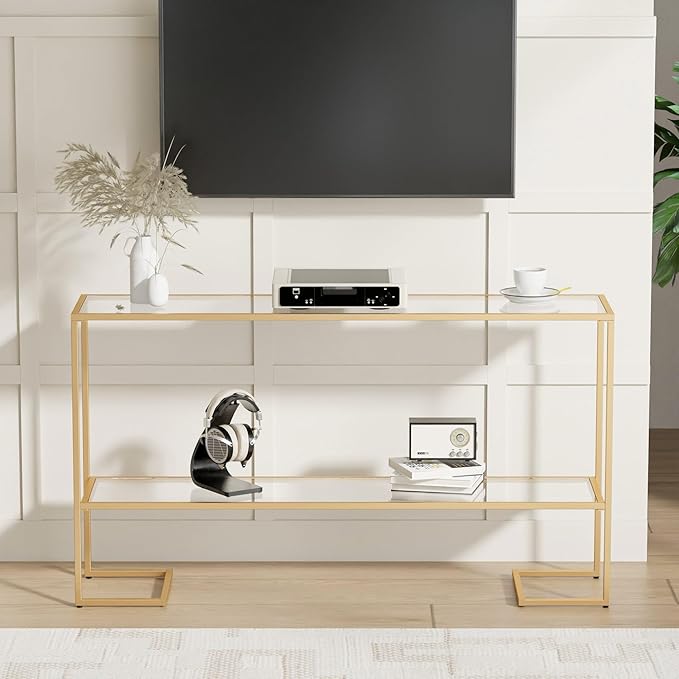 Cozy Castle 52" Console Table, 2-Tier Narrow Tempered Glass Sofa Table with Metal Frame for Living Room, Hallway, Bedroom, Gold-NeatNest