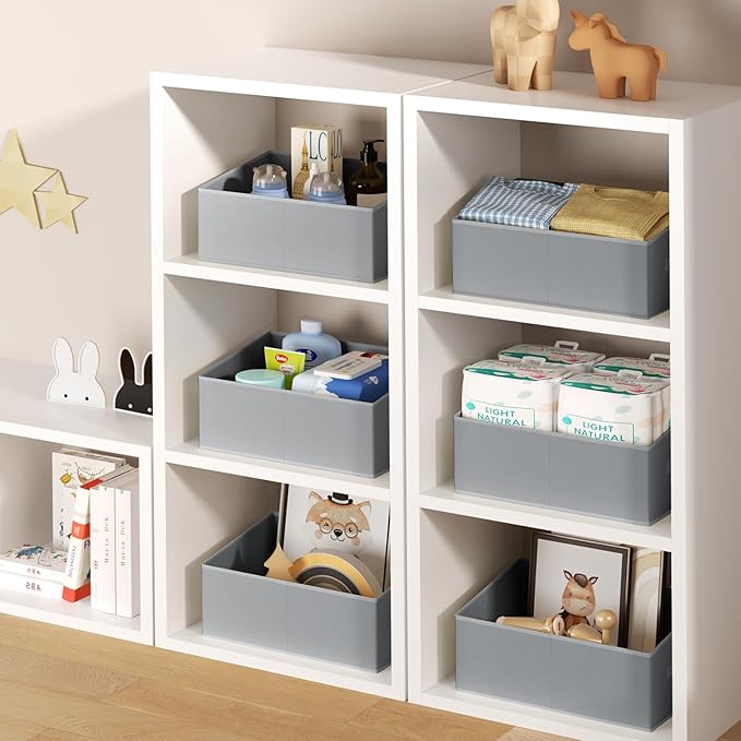 DIMJ Large Closet Storage Bins 8 Pack - Fabric Trapezoid Closet Organizer Bin, Foldable Storage Baskets for Shelves, Closet Shelf Organizer, Clothing Storage Box for Toys, Books, Towel, Clothes, Gray-NeatNest