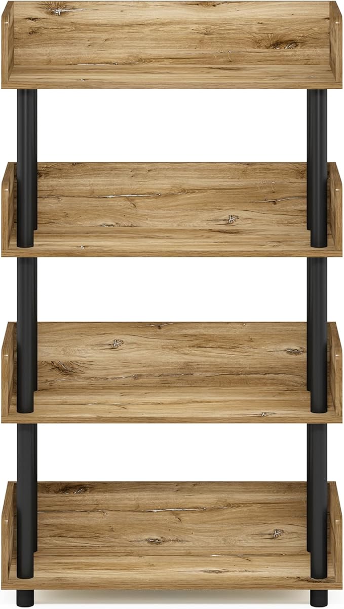 Furinno Turn-N-Tube 4-Tier Multipurposes Display Rack, Open Shelf Rack/Storage with Back & Side Panel, Flagstaff Oak/Black-NeatNest