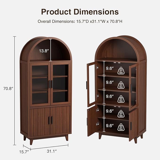 71" Tall Arched Cabinet with Glass Doors, Fluted Pantry Cabinet with Solid Wood Legs, Modern Accent Furniture for Living Room, Kitchen, Dining Room, Entryway, Walnut