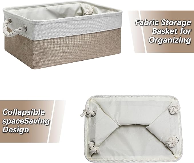 Fabric Storage Bins, 2 Pack Foldable Cube Baskets with Rope Handles, Large Collapsible Storage Cubes for Home, Office, Closet, Clothes, Books Organizer. (Khaki and White, 2PCS/16*12.6*8.2inch)-NeatNest