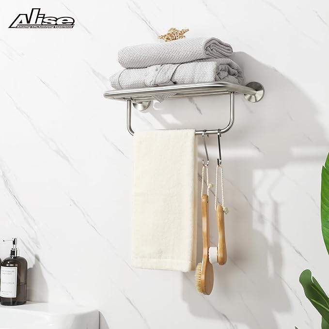 Alise 16 Inch Towel Racks for Bathroom, Foldable Towel Hanger Towel Shelf with Tower Bar, Heavy Duty Towel Holder, SUS 304 Stainless Steel Wall Mount Towel Rail, Brushed Nickel