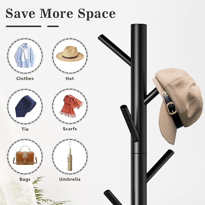 2 Pack Coat Rack, Solid Wood Coat Rack Freestanding with 8 Hooks & 3 Adjustable Heights, Simple Assembly Coat Tree for Hats, Bags, Wooden Coat Hanger Stand for Bedroom, Entryway, Office-NeatNest