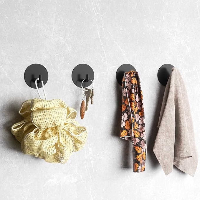 Adhesive Hooks Heavy Duty Stick on Hook Waterproof, Black Round Adhesive Hooks, Removable 304 Stainless Steel Wall Sticky Hooks 4 pcs