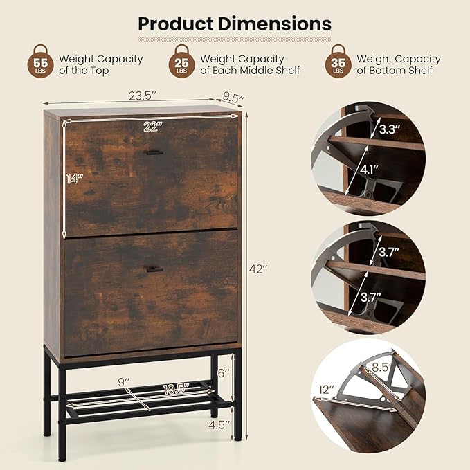 LOKO Industrial Shoe Storage Cabinet, Freestanding Shoe Organizer with 2 Flip Drawers, Adjustable & Removable Interior Shelves, Narrow Shoe Rack Cabinet for Entryway, Hallway, Rustic Brown-NeatNest