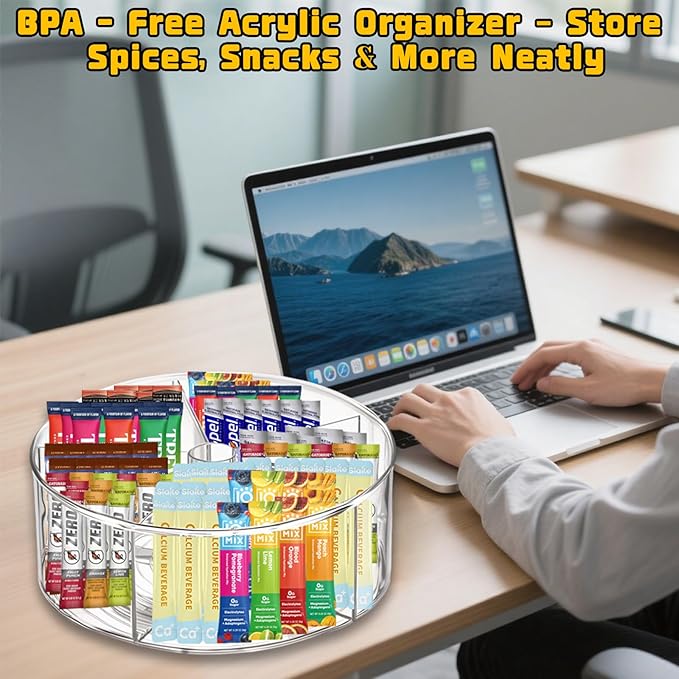 Clear Acrylic Drink Packet Organizer 11.7" x 11.7" x 4.5", 360° Rotating Carousel Lazy Susan Storage Bins Turntable 5-Compartment Dividers for Kitchen Fridge Pantry Powdered Drinks Water Snacks-NeatNest