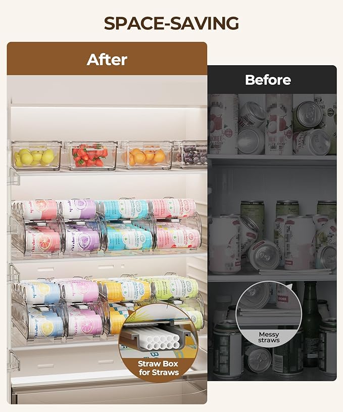 Drink Organizer for Fridge, Soda Can Organizer Dispenser for Refrigerator with Automatic Rolling,Organize Standard Size 11.15oz or 12oz Cans Drink,Save space for Fridge、Kitchen、countertop (2 pack)