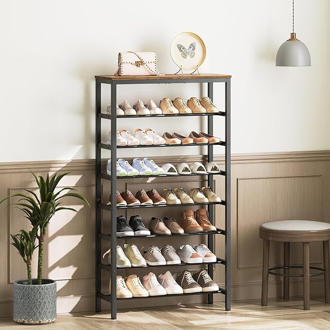 8 Tier Tall Shoe Rack, Large-Capacity Shoe Storage Organizer, Free Standing Shoe Shelf for Closet, Adjustable Metal Shoe Racks Organizer for 32 Pairs of Shoes, Rustic Brown and Black SS78BR-NeatNest