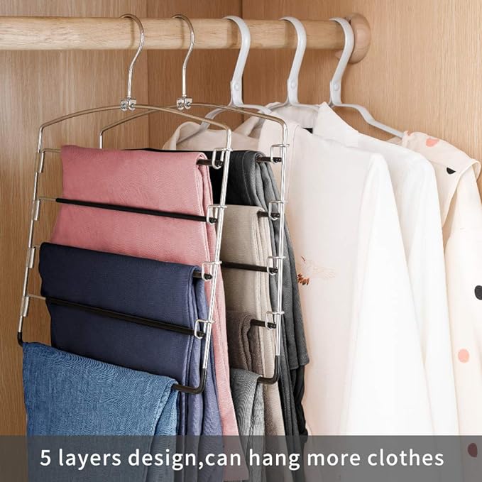 FeeraHozer Pants Hangers Non Slip 6 Pack Space Saving Hangers Multi-Layer Swing Arm Pants Hanger Stainless Steel Space Saver Hanger for Jeans Scarf Trouser Towel Clothes (Black)-NeatNest