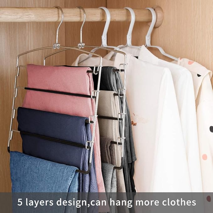 FeeraHozer Pants Hangers Non Slip 3 Pack Space Saving Hangers Multi-Layer Swing Arm Pants Hanger Stainless Steel Space Saver Hanger Closet Storage Organizer for Jeans Trouser Slacks Clothes (Black)-NeatNest