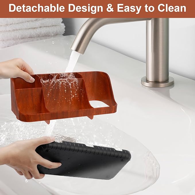 Bathroom Decor and Accessories - Detachable 7 Slots Kids Electric Toothbrush and Toothpaste Holde for Bathroom Tray Countertop Vanity Storage, Bathroom Sink Storage Organizer, Red Wood-NeatNest