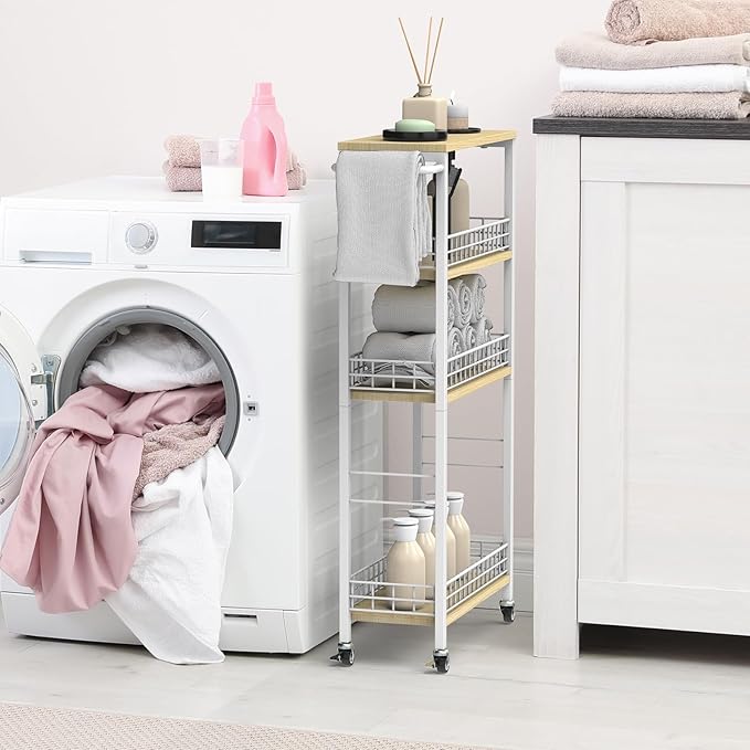 Slim Storage Cart White Narrow Storage Cabinet 4 Tier Laundry Room Organization Mobile Bathroom Shelving Unit Organizer Rolling Utility Cart Slide Out Kitchen Cart Tower Rack for Narrow Places 7.08’’W-NeatNest