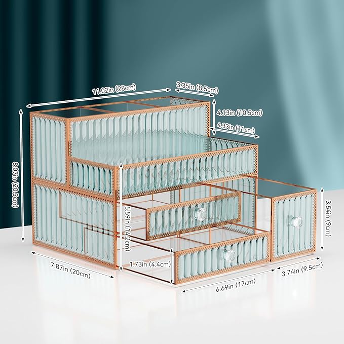 Makeup Organizer Countertop - Tempered Glass Vanity Organizer for Cosmetics, Skincare, Hair Tools, Brushes, Perfume - Multipurpose Bathroom Counter Skincare Organizer