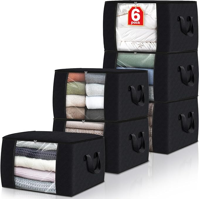 Fab totes 6 Pack Clothes Storage, Foldable Thick Fabric Blanket Storage Bags, Containers for Organizing Bedroom, Closet, Clothing, Comforter,Closet Organization with Handle,Black-NeatNest