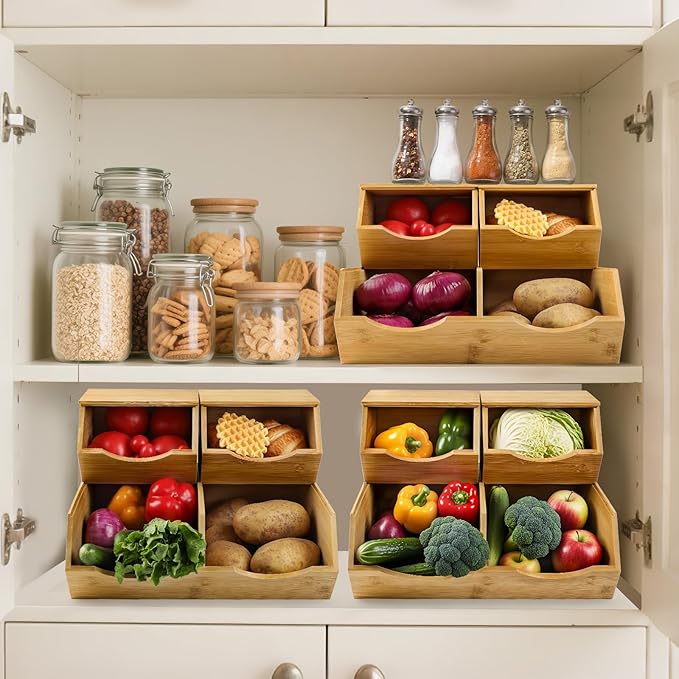 Bamboo Pantry Storage Bins with Lid - Stackable Baskets, Potato and Onion Storage, Wood Storage Bins for Pantry Baskets Organization and Storage, Kitchen Essential, Set 3 Pieces