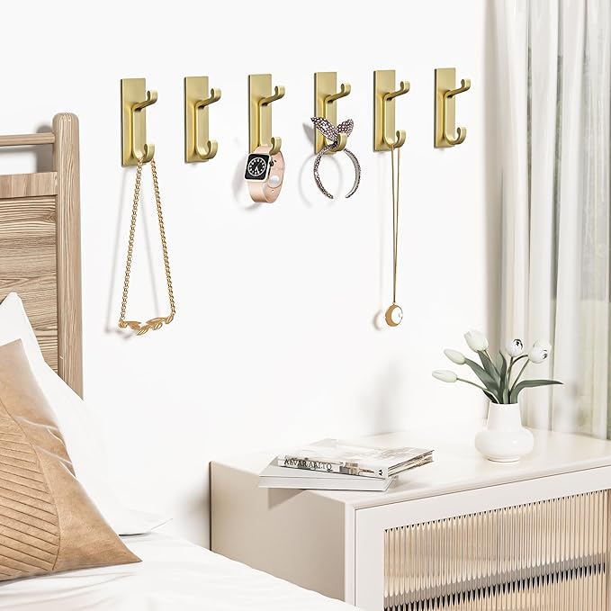 Gold Self Adhesive Wall Hooks for Coats - Stainless Heavy Duty Double Hook for Clothes, Towel, Keys, Purse, Backpack, Bag, Hat, 6 Pack Coat Hook for Door, Bathroom, Bedroom.