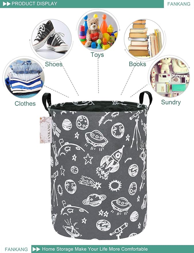 FANKANG Storage Basket, Nursery Hamper Canvas Laundry Basket Foldable with Waterproof PE Coating Large Storage Baskets for Kids Boys and Girls, Office, Bedroom, Clothes,Toys(Space Planet)