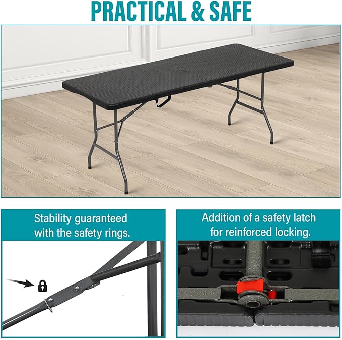 FDW Folding Table Half Portable Foldable Table for Parties Backyard Events (Black Ratten, 6 FT)-NeatNest