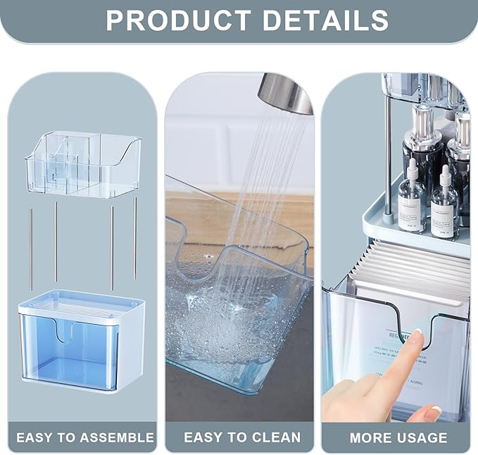Makeup Organizer Countertop with Drawer, Bathroom Counter Organizers, Anti-Slip Dustproof Exquisite Dresser Vanity Storage for Skin Care Perfume Beauty Lipstick, Blue