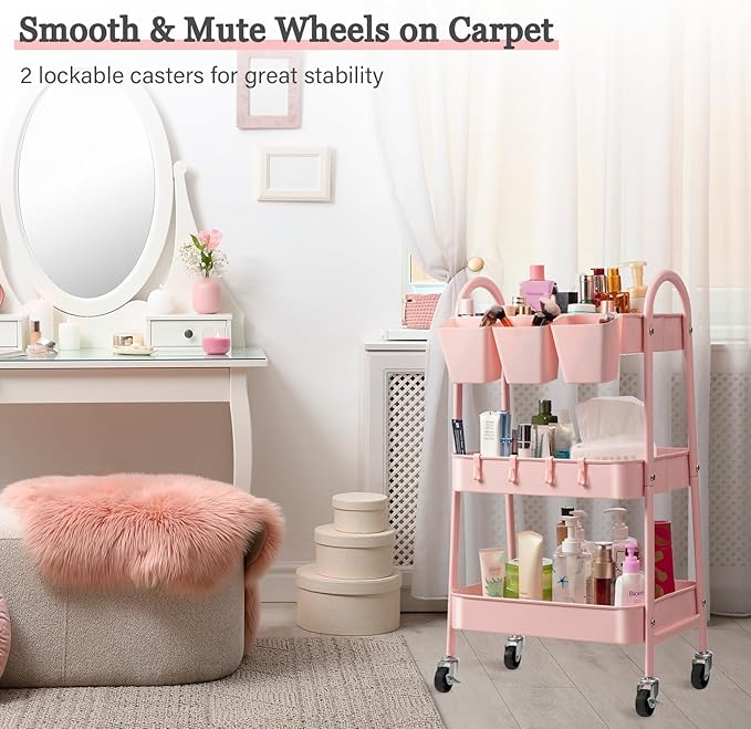Danpinera 3-Tier Rolling Cart, Metal Storage Cart with Lockable Wheels, Hanging Cups & Hooks, Mobile Trolley for Kitchen, Bathroom, Office, Workshop, Pink-NeatNest