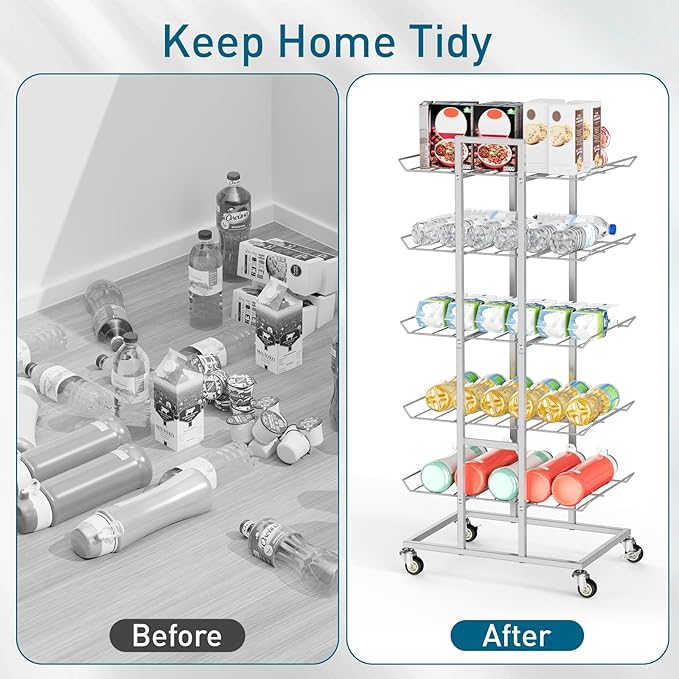 5 Tier Water Bottle Organizer with Wheels Bottled Water Storage Rack 16.9 oz Water Bottle Holder Metal Soda Can Organizer for Kitchen, Office, Pantry Room, Silver-NeatNest