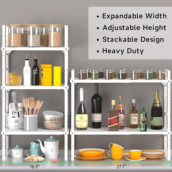 Expandable Cabinet Storage Shelf Stackable Organizer Rack for Kitchen Bathroom Pantry Spice Cupboard Coffee Countertop Home Office Desk Heavy Duty Nonslip White Small 2 Packs-NeatNest