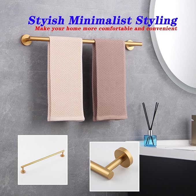 GERZWY 24-Inch Bathroom Towel Bar Gold Stainless Steel Modern Round Style Bath Hand Towel Rack Wall Mount AG1101C60-BE