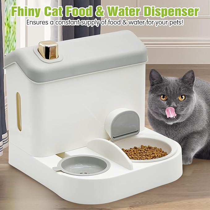 Fhiny Gravity Cat Feeder and Water Dispenser, 2 in 1 Gravity Feeder Cat Dry Food & Waterer Removable Ceramic Bowl Pet Food Storage Self Feeding Station for Indoor Cat Kitten Puppy Easy Clean (Grey)-NeatNest