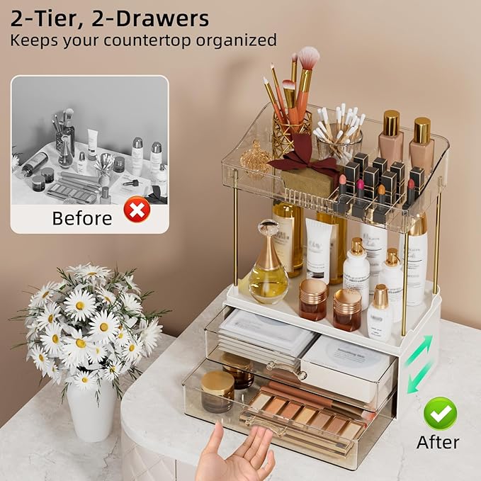 4-Tier 2-Drawer Bathroom Organizer Counter Organization, Multi-Purpose Makeup Skincare Organizers with Compartment, Easy to Install, Exquisit Vanity Shelves, Amber