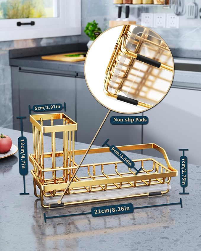 Consumest Sink Caddy, Kitchen Sponge Holder with Dish Brush Holder, Kitchen Sink Organizer with Drip Tray for Countertop, Stainless Steel Rustproof - Gold-NeatNest