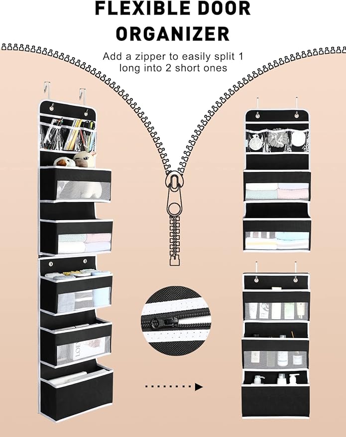 Yecaye 6-Tier Over The Door Storage Organizer, Flexible 1 Split into 2 Swing-Proof Hanging Bathroom Organizer, Bedroom Organizers and Storage for Newborn Baby Essentials, Black-NeatNest