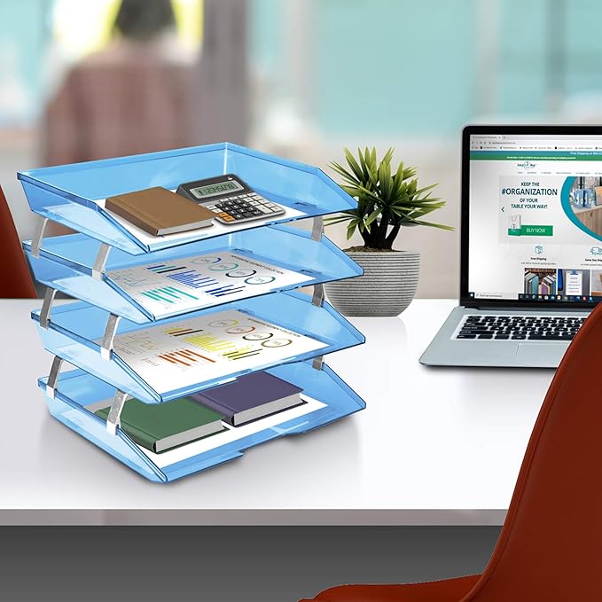 Acrimet Facility 4 Tier Letter Tray Side Load Plastic Desktop File Organizer (Clear Blue Color)-NeatNest