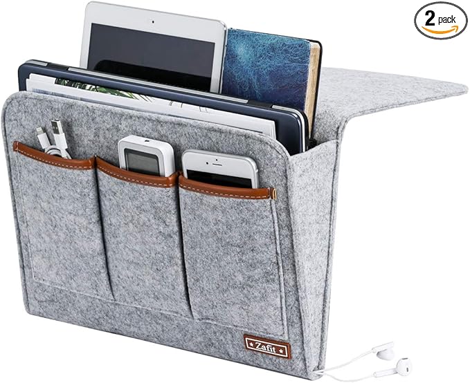 Bedside Caddy, 6 Pockets Large Size Bedside Storage Organizer Bedside Organizer Caddy for Magazine Remotes Phone (13.4'' x 18.1'', Light Grey)-NeatNest