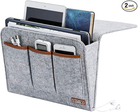 Bedside Caddy, 6 Pockets Large Size Bedside Storage Organizer Bedside Organizer Caddy for Magazine Remotes Phone (13.4'' x 18.1'', Light Grey)-NeatNest