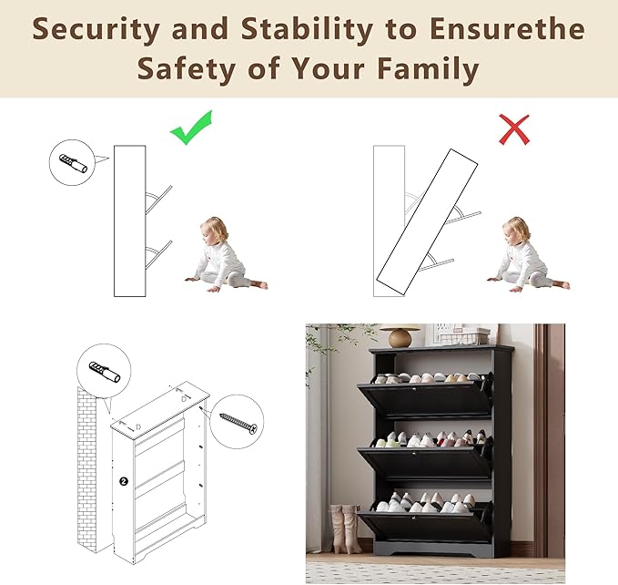 3 Flips Shoe Cabinet for Entryway, Narrow Shoe Storage Cabinet with Adjustable Shelves, Wooden Space-Saving Organizer and Rack for Foyer, Closet, Hallway