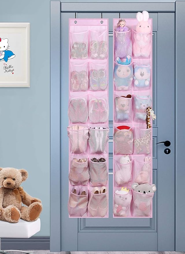 MISSLO Kids Over the Door Shoe Organizer Baby Hanging Shoe Rack Narrow Closet Storage bags with 12 Mesh Pockets for Girl Women Men Toddler Nursery, 2 Packs, Pink-NeatNest