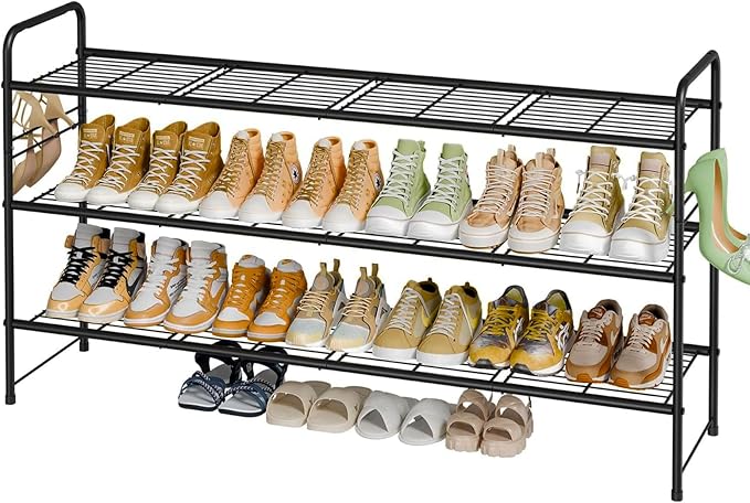 3 Tier Shoe Rack for Closet, 46.5 Inch Extra Long Shoe Storage Organizer for Shelves, Heavy Duty Metal, Easy Assembly, Black-NeatNest