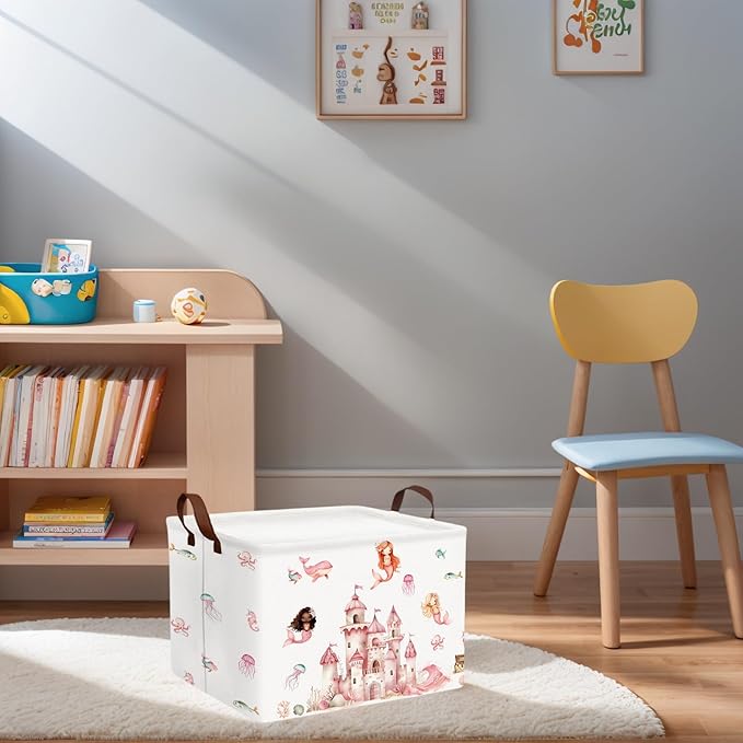 Cute Rectangle Baby Girl Gift Basket Toy Storage Bin Nursery Playroom Bedroom Decor (Pink Castle)-NeatNest