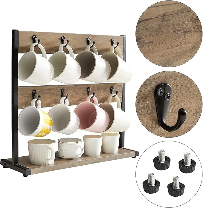 IBUYKE Wood Coffee Mug Holder for Countertop,16 Hook Mug Tree Holder Rack with Storage Base,Mug Display Organizer,Mug Holders for Home Kitchen,Greige UTBJ001Y-NeatNest