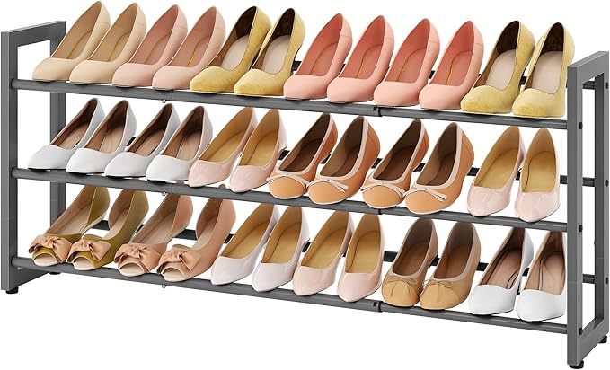 FAVOOSTY 3-Tier Expandable Shoe Rack, Adjustable Shoe Shelf Storage Organizer Space Saving Metal Free Standing Shoe Rack for Entryway Closet Doorway, Silver Grey-NeatNest