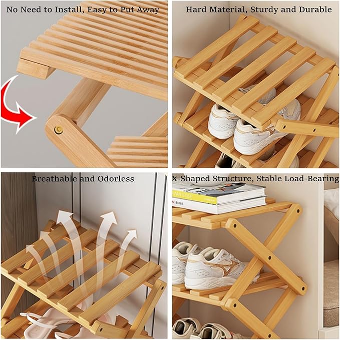 Shoe Rack, Bamboo Foldable Shoes Organizer Free Standing Shelf for Entryway, Closet, Bedroom, Hallway, | Natural | Functional | Multifunctional Shoe Rack (Wood Color) 6 Layers-NeatNest