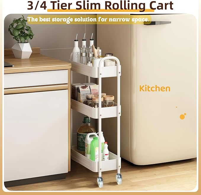 3 Tier Narrow Rolling Storage Cart for Laundry Room Organizer & Kitchen Storage, 7.1'' Wide Slim Storage Cart with Wheels and Lockable Casters for Small Space & Between Washer and Dryer, White
