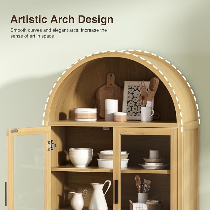 Arched Cabinet with Glass Doors, 71" Tall Fluted Galss Cabinet with Solid Wood Legs, Adjustable Shelves Accent Furniture for Living Room, Kitchen, Dining Room, Entryway, Natural