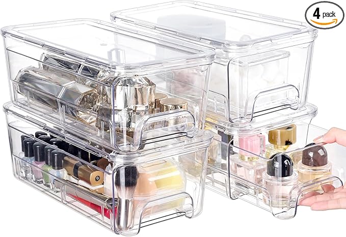 Acrylic Stackable Storage Drawers, 4Pack Clear Vanity Tool Makeup Organizer, 12"D*6.2"W*4.3"H Plastic Drawer Bathroom Storage and Organization, Desk Medicine Cabinet Bins Baby Bottle Organizer