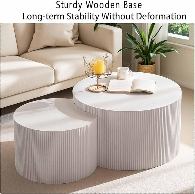 Modern Round Nesting Coffee Table Set of 2, Vertical Stripe Design Drum Coffee Table Cocktail Table, Round Side Table for Living Room, Bedroom, Office, Balcony (A19.7+27.6")