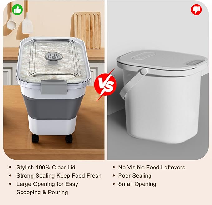 Rice Storage Container, Collapsible Airtight Food Storage Containers 20-30lbs with Clear Lid and Wheels, Rice Dispenser with Scoop for Flour Cereal Pasta Grain, Cat Pet Bird Dog Food Storage Container