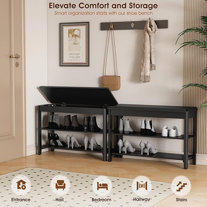 Shoe Rack Bench Seat Rubberwood 2-Tier Wooden Storage Bench 560lbs Compact Mid-Century Modern Design for Entryway, Hallway, Closet, Front Door Entrance, Foyer-NeatNest