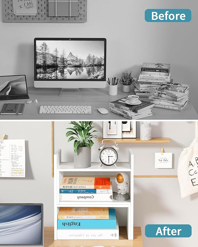 Desktop Shelf Organizer,Adjustable Stackable Office Storage Rack,Wood Display Shelf,White Small Bookshelf for Desktop,Tabletop Desk Shelf,Multipurpose Shelves for Office, Dormitory,Home Decor.-NeatNest